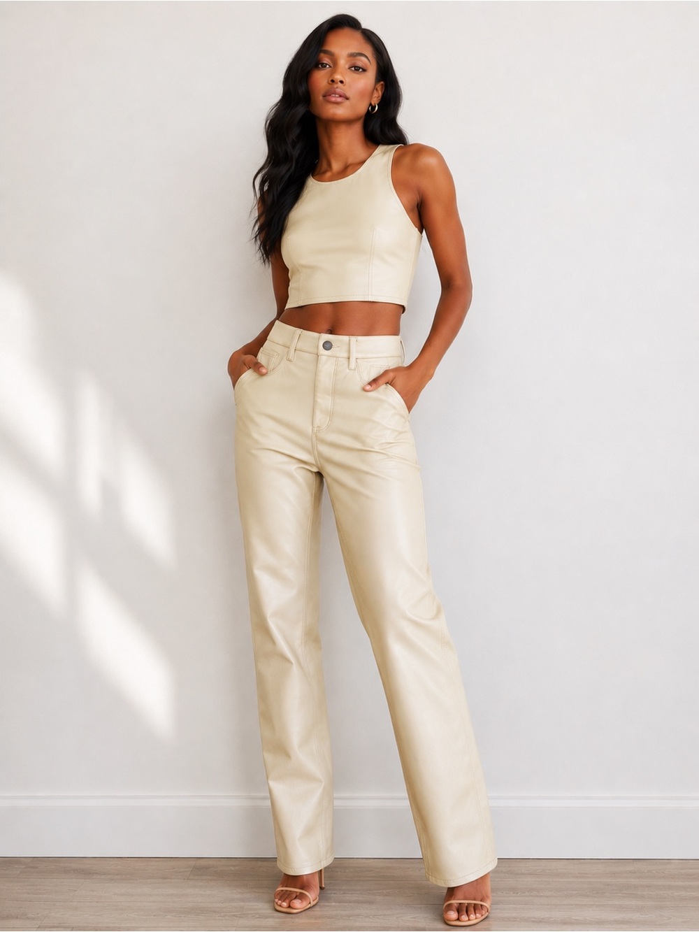 Good American Bone  Faux Leather  pants/top Cream/White